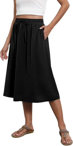 Midi Skirt for Women Summer Drawstring Elastic High Waist Skirt Knee Length Smocked A Line Fashion Skirts with Pockets