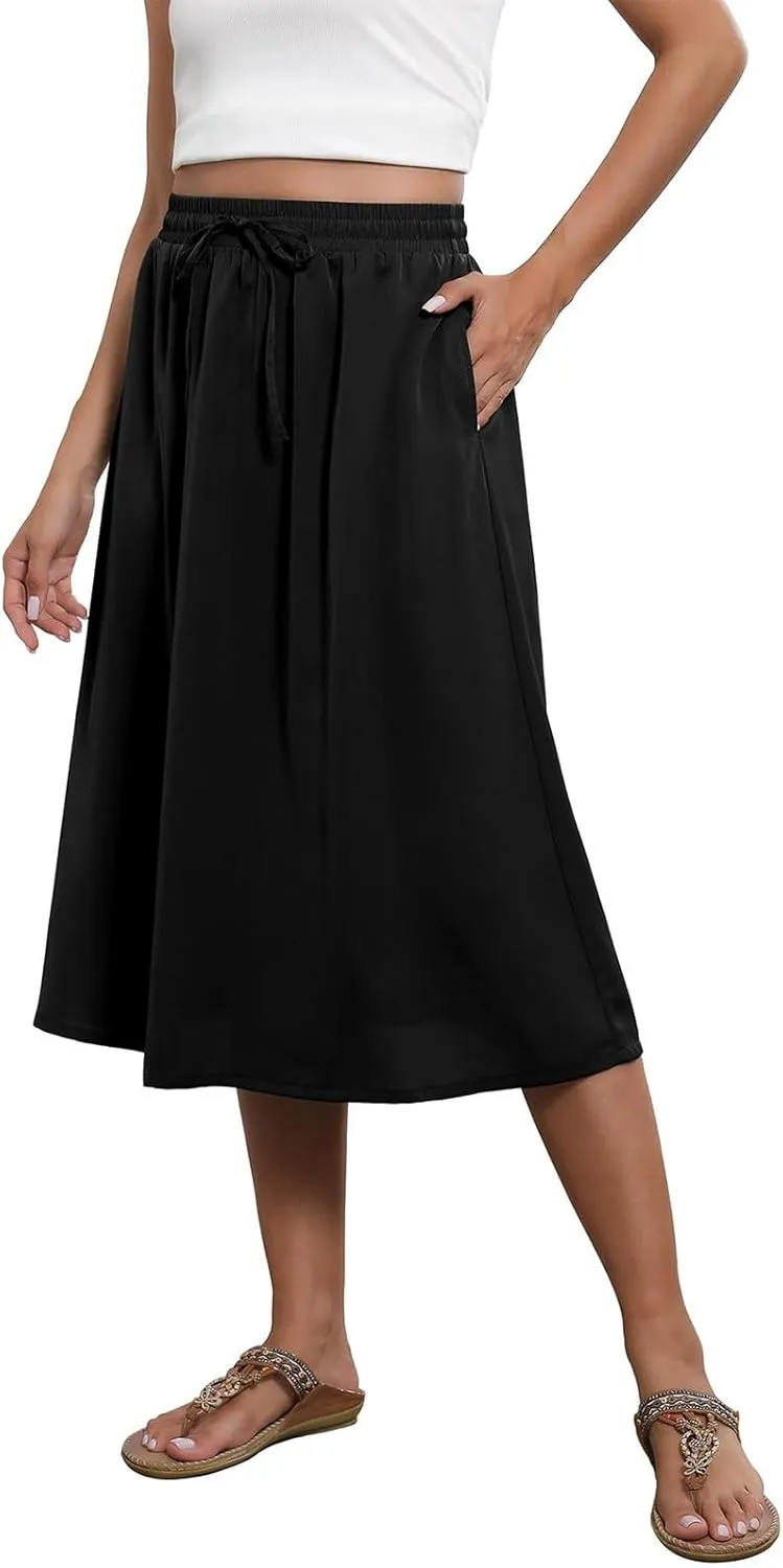 Midi Skirt for Women Summer Drawstring Elastic High Waist Skirt Knee Length Smocked A Line Fashion Skirts with Pockets