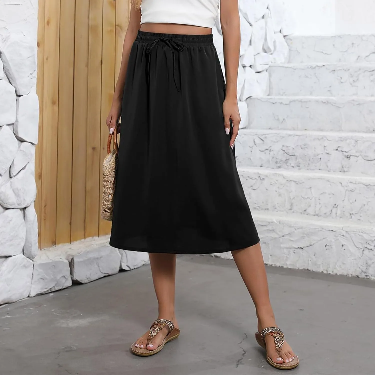 Midi Skirt for Women Summer Drawstring Elastic High Waist Skirt Knee Length Smocked A Line Fashion Skirts with Pockets