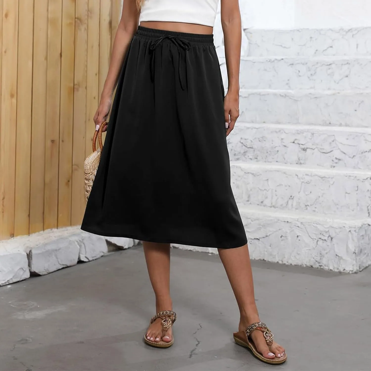 Midi Skirt for Women Summer Drawstring Elastic High Waist Skirt Knee Length Smocked A Line Fashion Skirts with Pockets