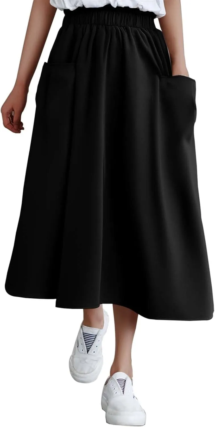 Midi Skirts for Women High Elastic Waist Loose Casual Flowy A-Line Summer Vacation Maxi Skirts with Pockets Streetwear