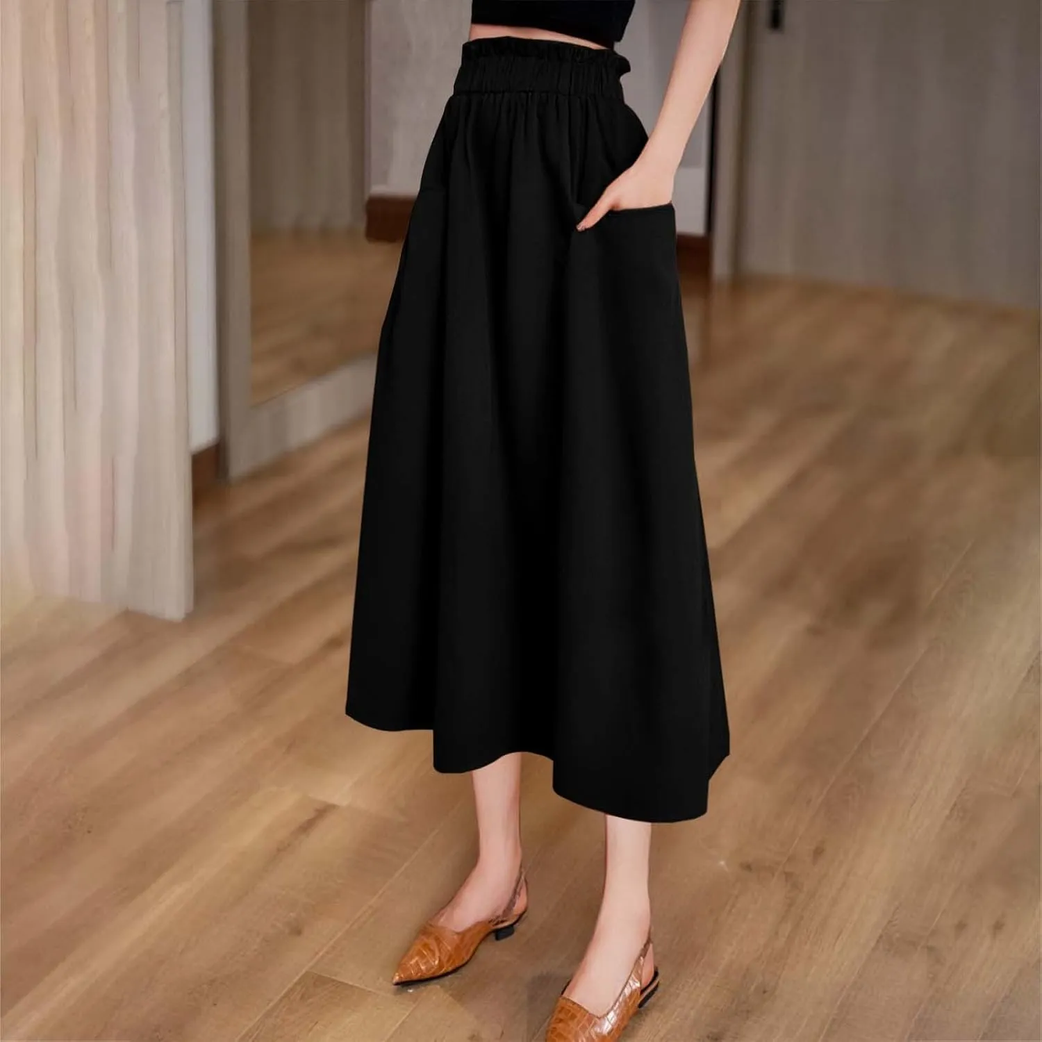 Midi Skirts for Women High Elastic Waist Loose Casual Flowy A-Line Summer Vacation Maxi Skirts with Pockets Streetwear