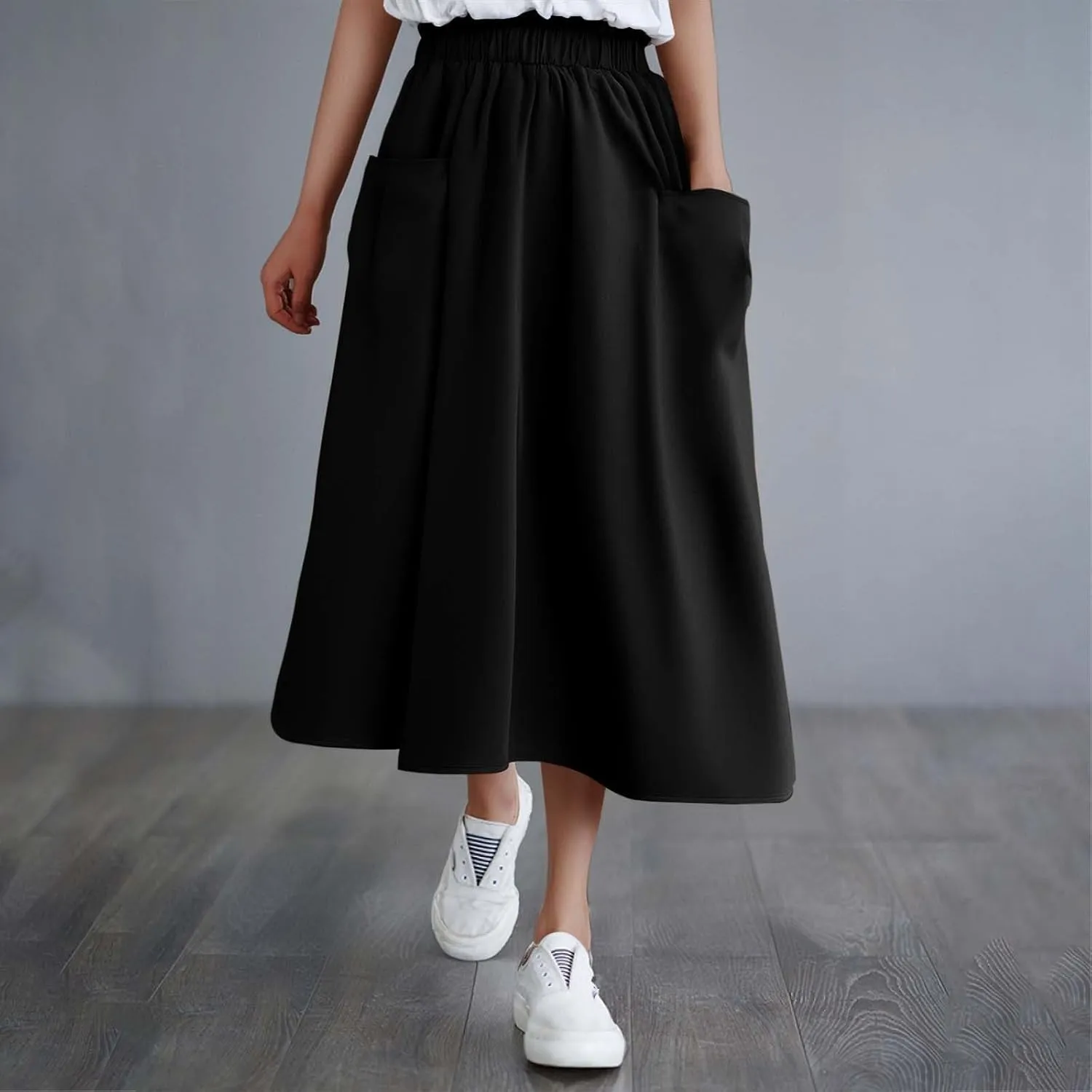 Midi Skirts for Women High Elastic Waist Loose Casual Flowy A-Line Summer Vacation Maxi Skirts with Pockets Streetwear
