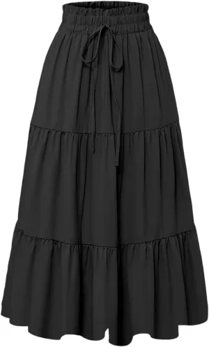 Midi Skirts for Women Summer Tiered Drawstring Elastic Waist Knee Length Skirts Pleated A Line Boho Solid Plain Skirts