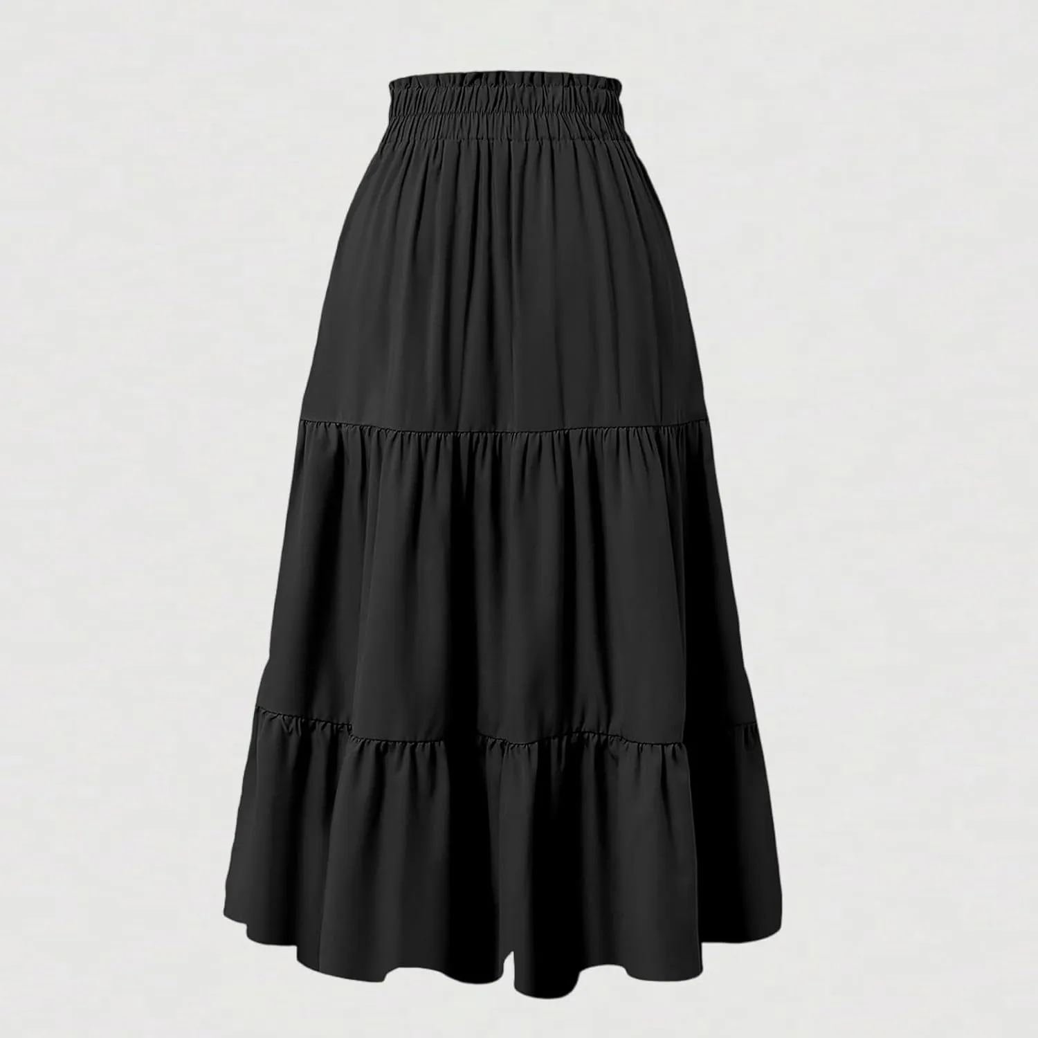 Midi Skirts for Women Summer Tiered Drawstring Elastic Waist Knee Length Skirts Pleated A Line Boho Solid Plain Skirts