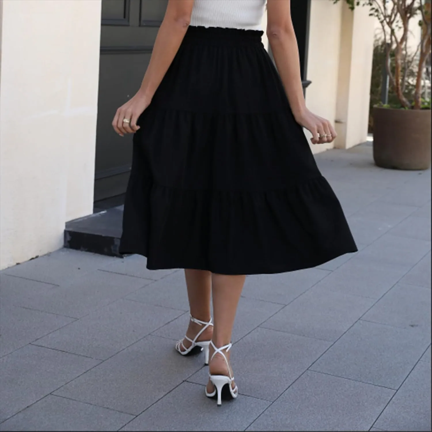 Midi Skirts for Women Summer Tiered Drawstring Elastic Waist Knee Length Skirts Pleated A Line Boho Solid Plain Skirts