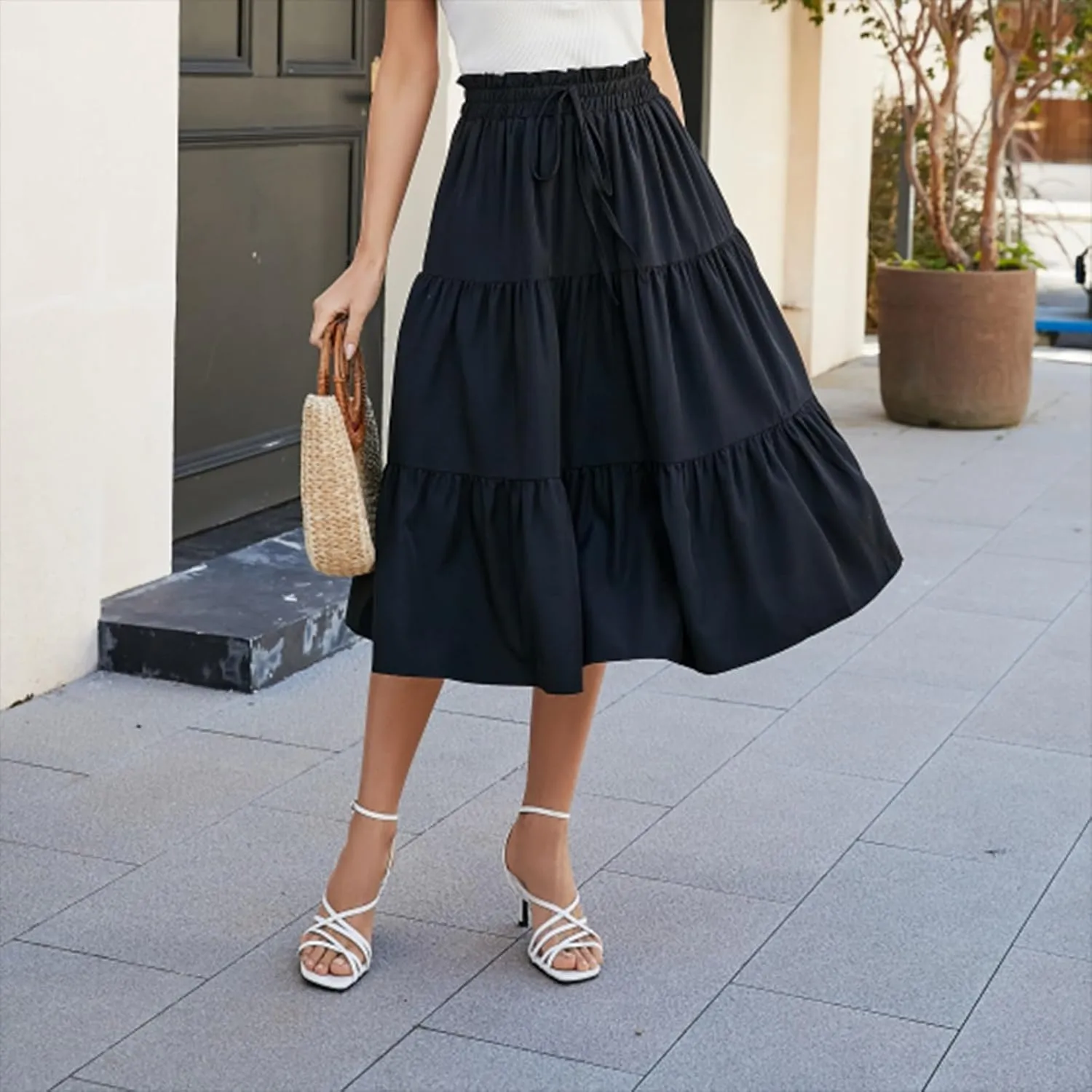 Midi Skirts for Women Summer Tiered Drawstring Elastic Waist Knee Length Skirts Pleated A Line Boho Solid Plain Skirts