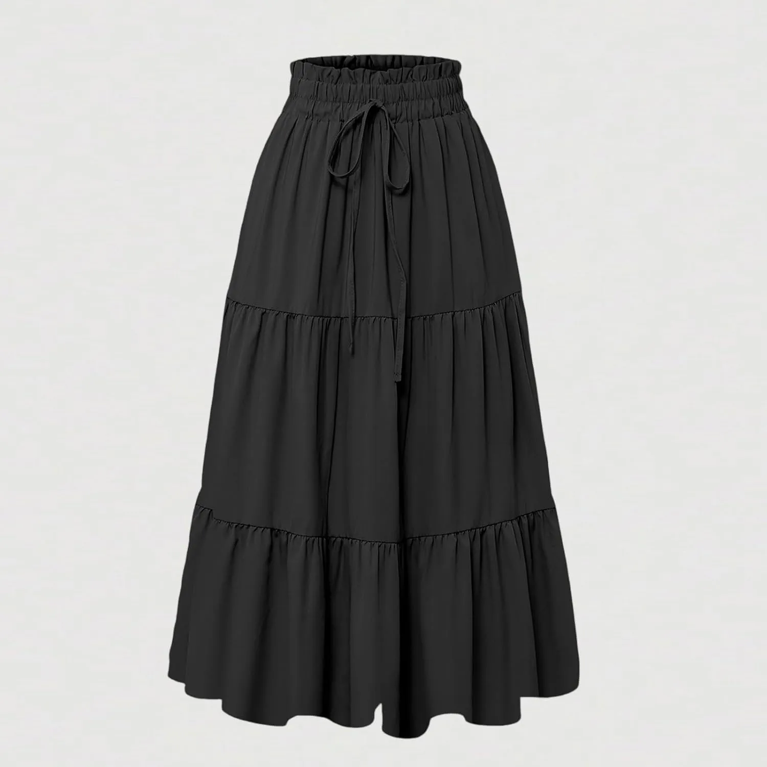 Midi Skirts for Women Summer Tiered Drawstring Elastic Waist Knee Length Skirts Pleated A Line Boho Solid Plain Skirts