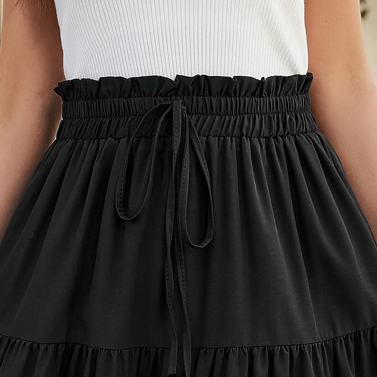 Midi Skirts for Women Summer Tiered Drawstring Elastic Waist Knee Length Skirts Pleated A Line Boho Solid Plain Skirts
