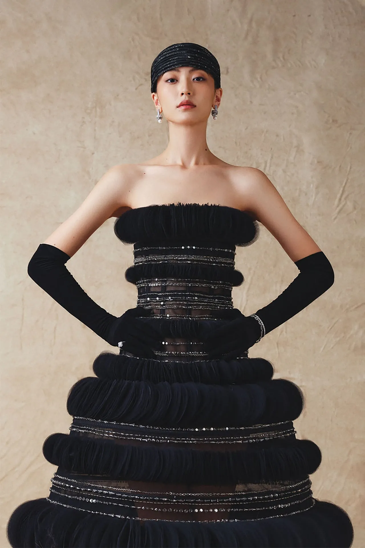 Midi Strapless Dress with Overlapping Circular Layers