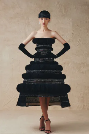 Midi Strapless Dress with Overlapping Circular Layers