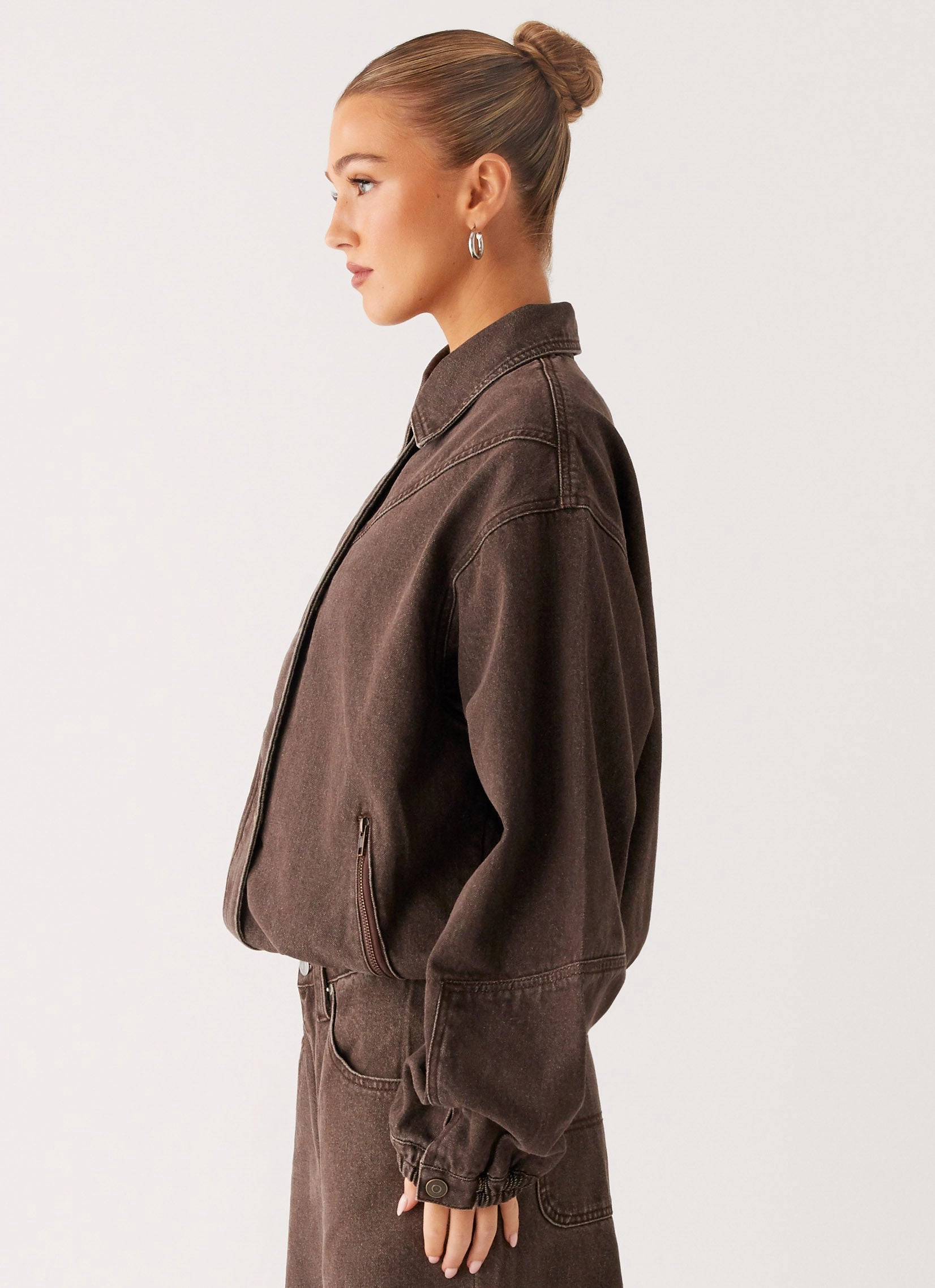 Midwest Washed Denim Bomber Jacket - Light Wash Chocolate