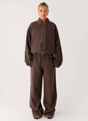 Midwest Washed Denim Bomber Jacket - Light Wash Chocolate Midwest Washed Denim Bomber Jacket - Light Wash Chocolate