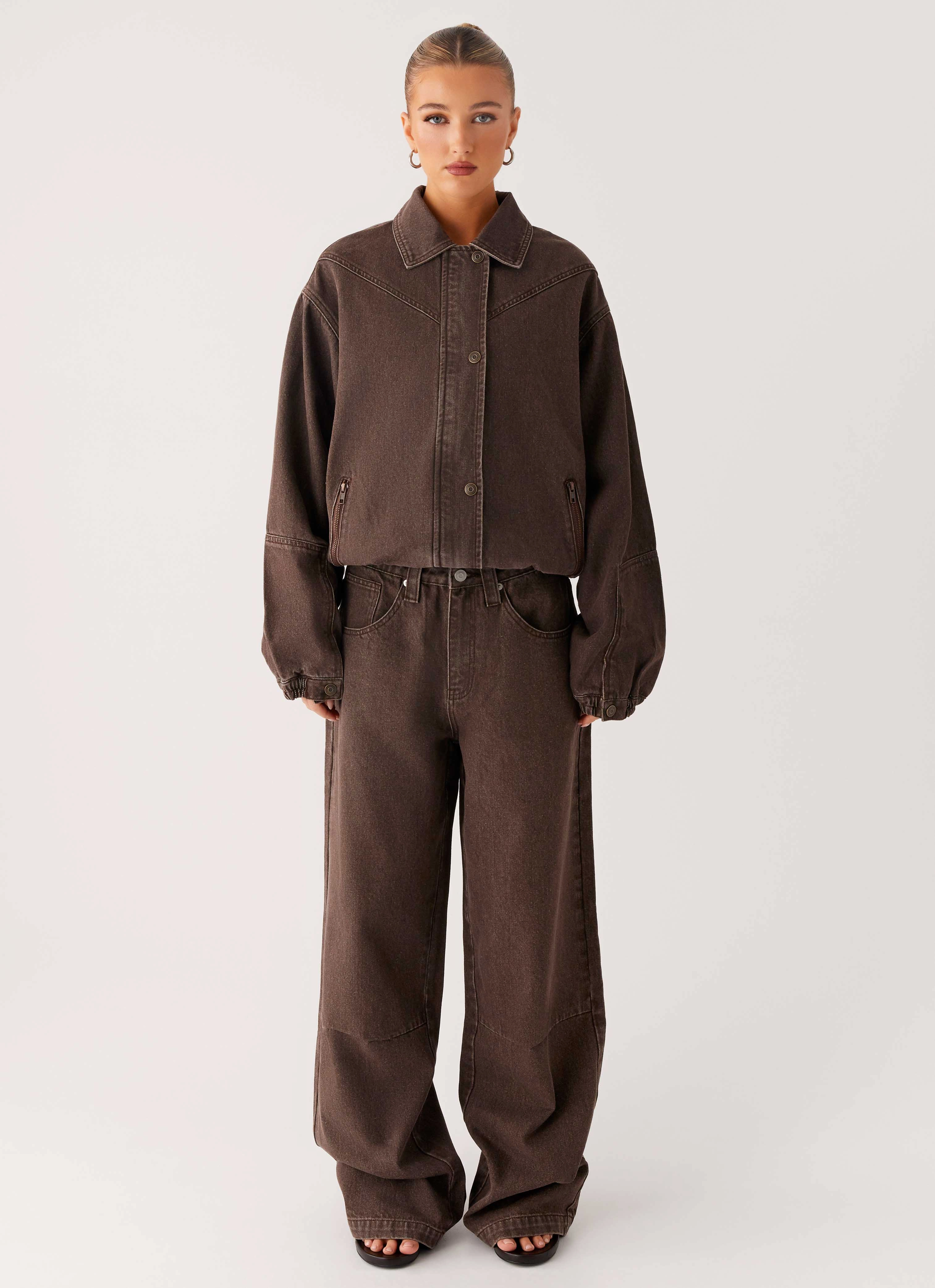 Midwest Washed Denim Bomber Jacket - Light Wash Chocolate