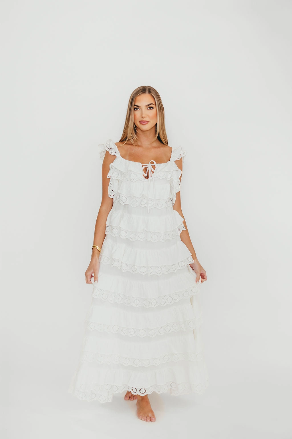 Mikayla 100% Cotton Lace and Gauze Contrast Tiered Maxi Dress in Off-White *Final-Sale*