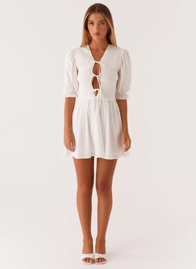 Milana Shirred Puff Sleeve Mini Dress - White Milana Shirred Puff Sleeve Mini Dress - White