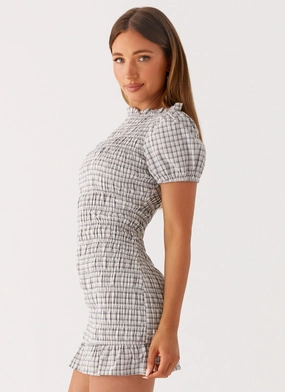 Millicent Ruched Mini Dress - Grey Check Millicent Ruched Mini Dress - Grey Check