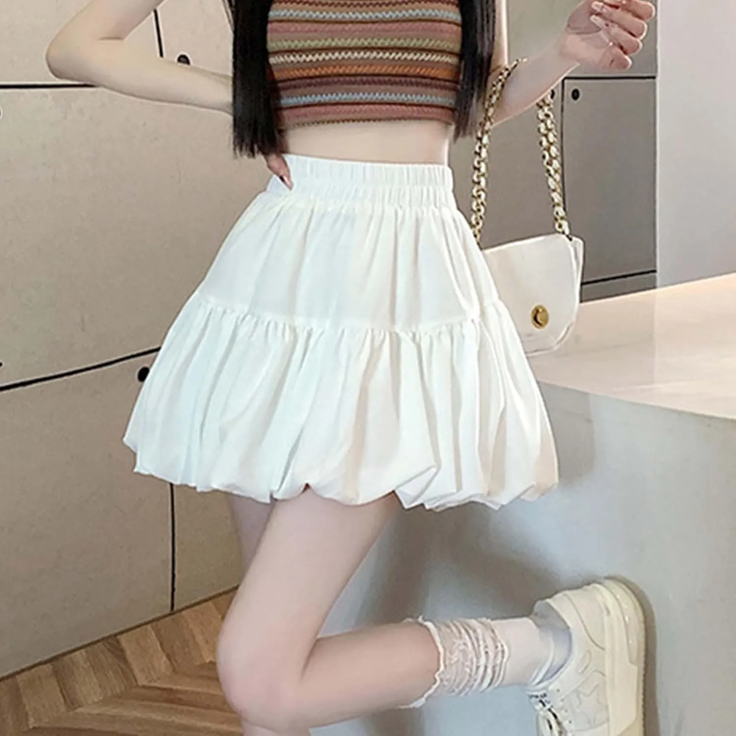 Mini Skirt Women's Solid High Waisted Sweet Pleated A Line Bubble Skirt A Line Flowy Petticoat Skirt for Women
