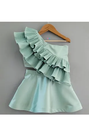 Mint Green Ruffle One Shoulder Top With Skirt Set