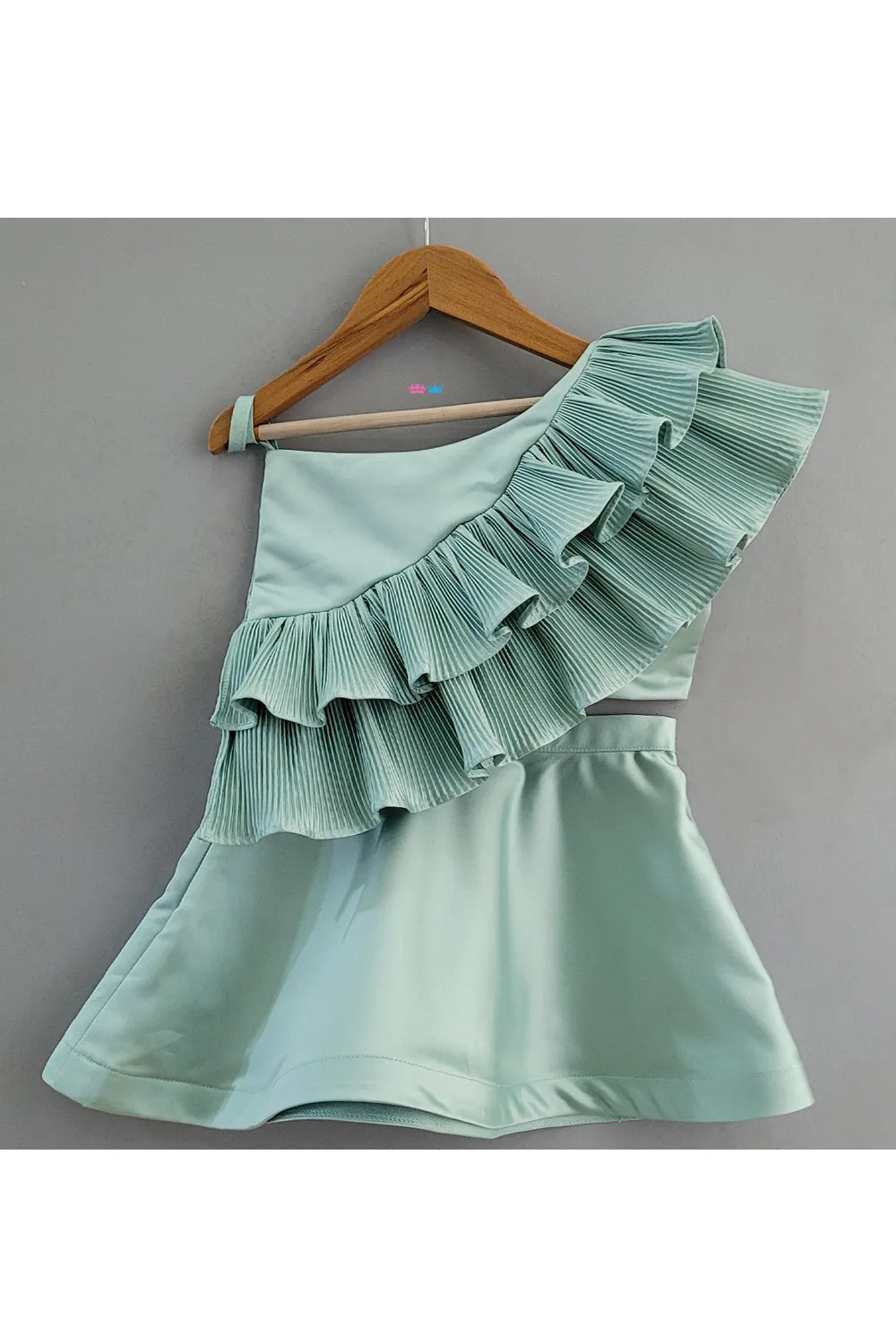 Mint Green Ruffle One Shoulder Top With Skirt Set