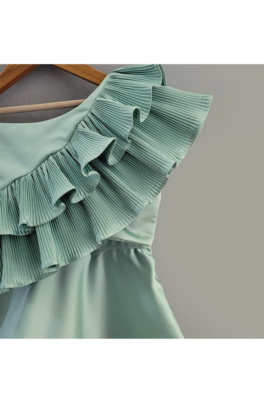 Mint Green Ruffle One Shoulder Top With Skirt Set