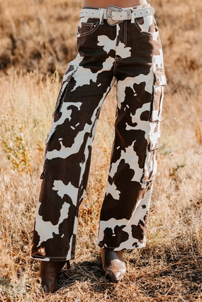 Mirabel Wide Leg Cow Print Balboa Jeans (Brown) Mirabel Wide Leg Cow Print Balboa Jeans (Brown)