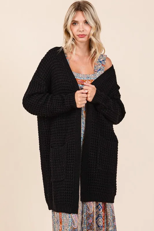 Mittoshop Black Waffle Knit Open Front Long Sleeve Longline Cardigan