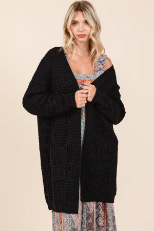 Mittoshop Black Waffle Knit Open Front Long Sleeve Longline Cardigan