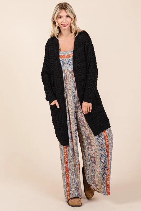 Mittoshop Black Waffle Knit Open Front Long Sleeve Longline Cardigan