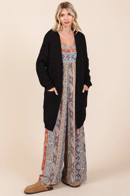 Mittoshop Black Waffle Knit Open Front Long Sleeve Longline Cardigan