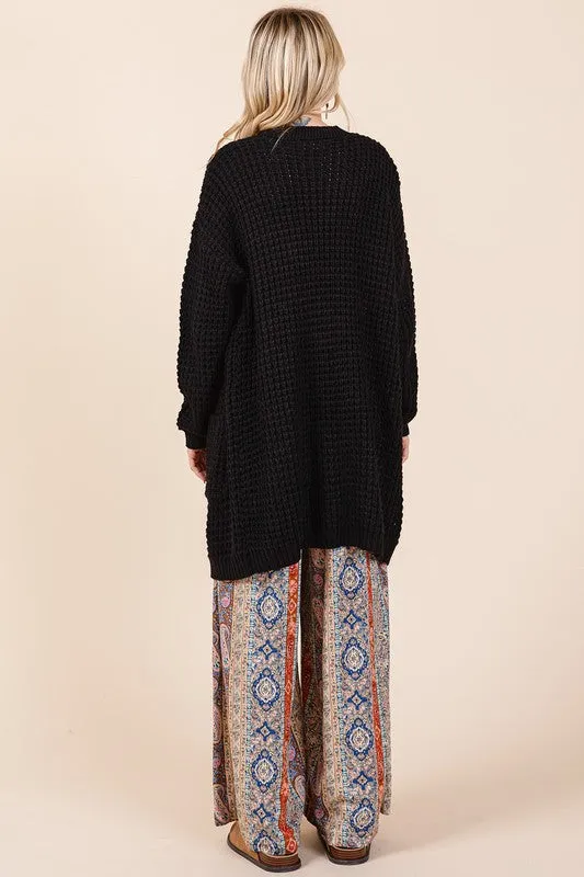 Mittoshop Black Waffle Knit Open Front Long Sleeve Longline Cardigan