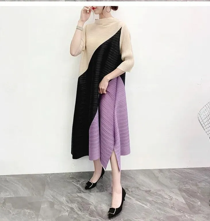 Miyake Pleated Color Block Midi Dress