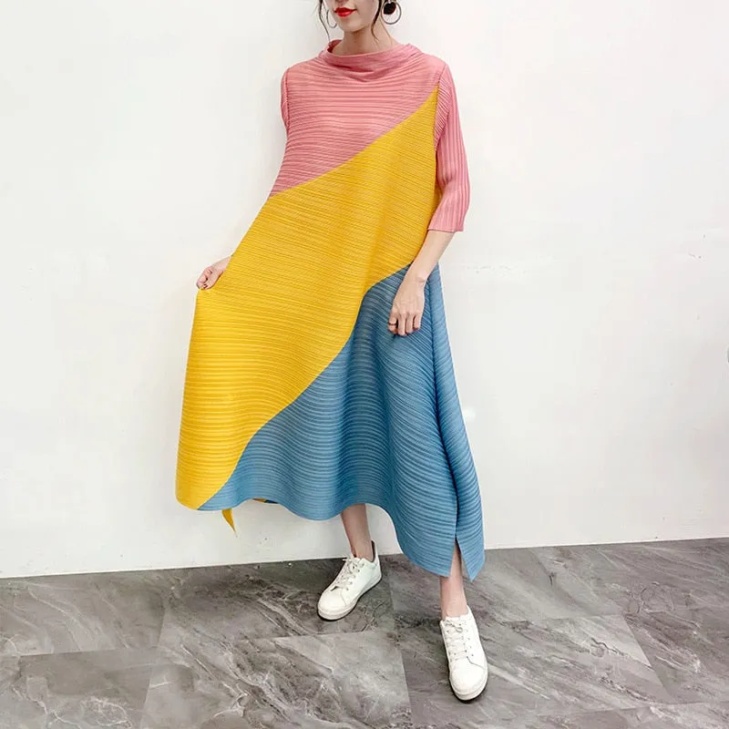 Miyake Pleated Color Block Midi Dress