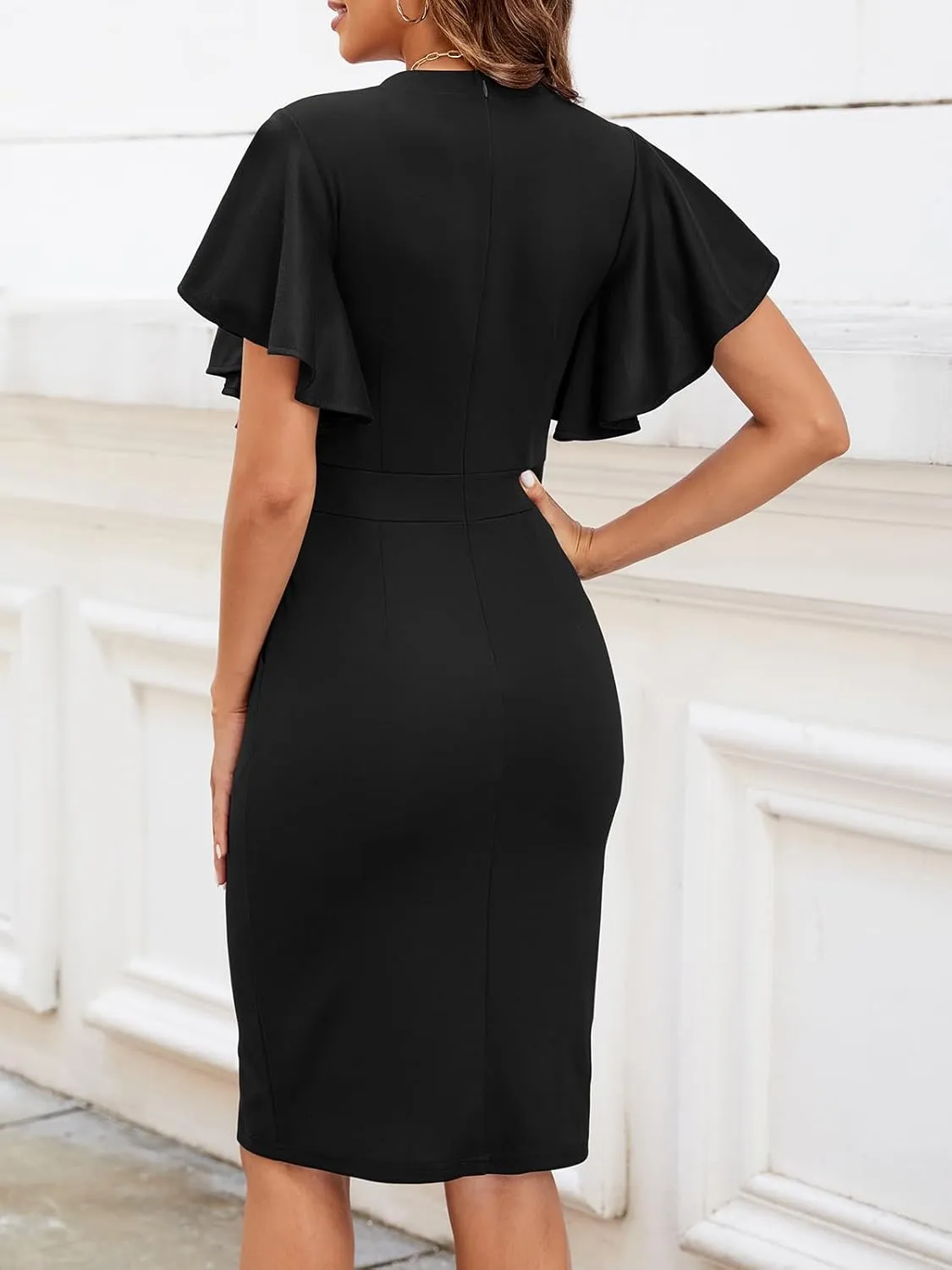 Mokayee Womens Summer Short Sleeve V Neck Semi Formal Business Casual Wedding Guest Professional Work Dresses with Pockets