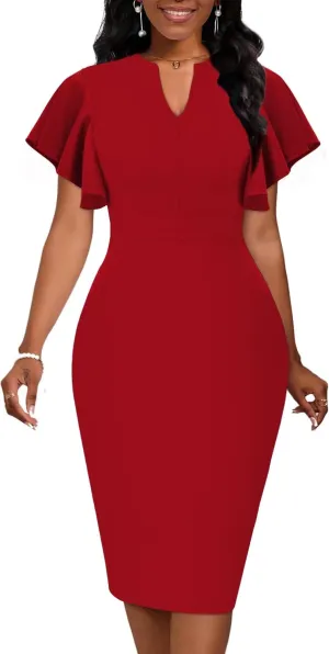 Mokayee Womens Summer Short Sleeve V Neck Semi Formal Business Casual Wedding Guest Professional Work Dresses with Pockets