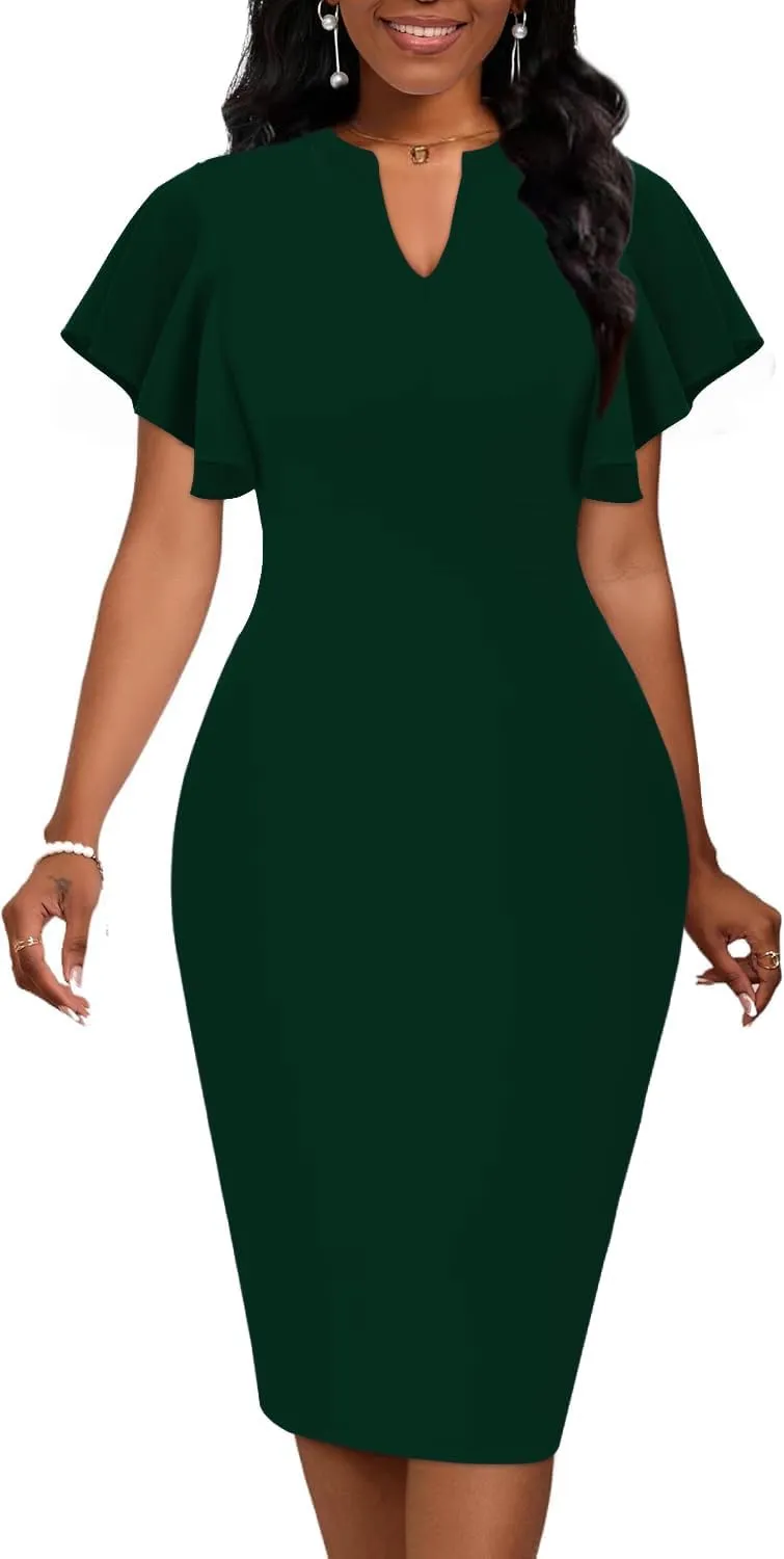 Mokayee Womens Summer Short Sleeve V Neck Semi Formal Business Casual Wedding Guest Professional Work Dresses with Pockets