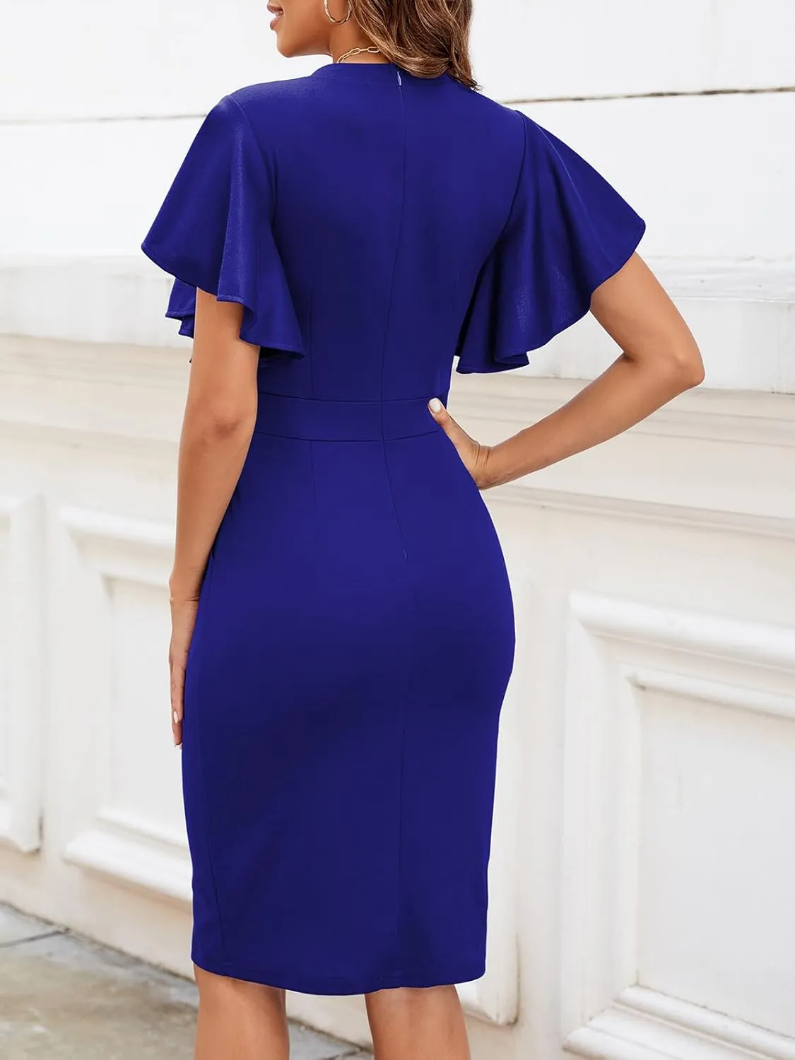 Mokayee Womens Summer Short Sleeve V Neck Semi Formal Business Casual Wedding Guest Professional Work Dresses with Pockets
