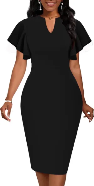 Mokayee Womens Summer Short Sleeve V Neck Semi Formal Business Casual Wedding Guest Professional Work Dresses with Pockets