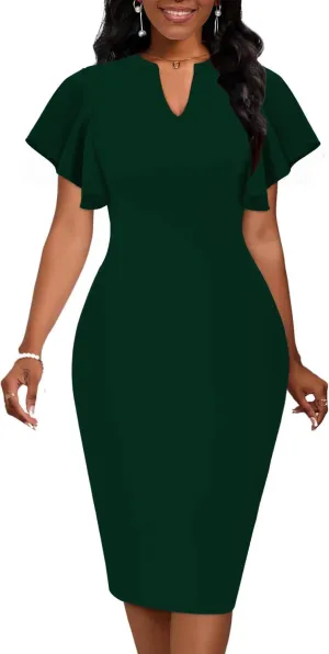 Mokayee Womens Summer Short Sleeve V Neck Semi Formal Business Casual Wedding Guest Professional Work Dresses with Pockets