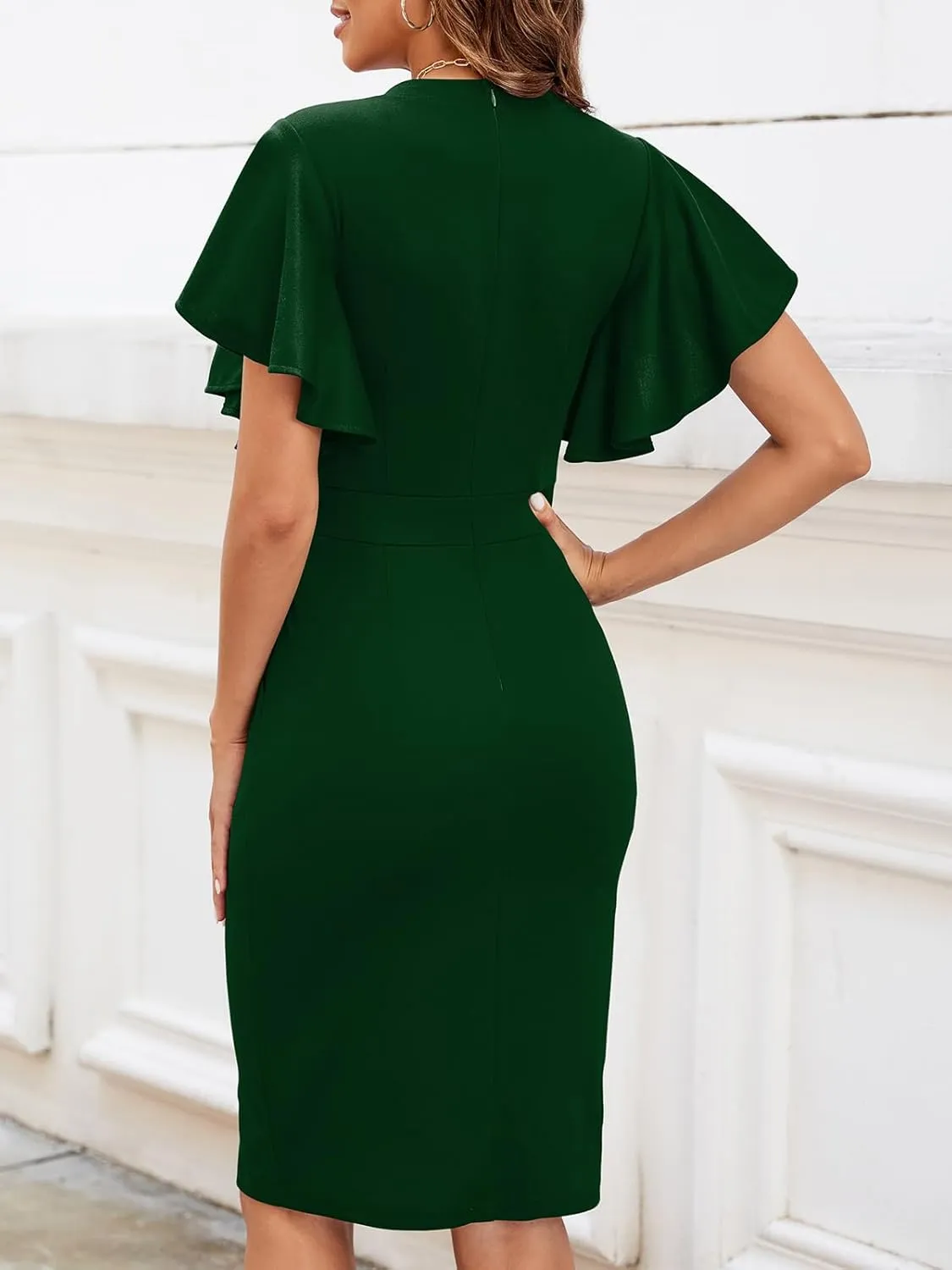 Mokayee Womens Summer Short Sleeve V Neck Semi Formal Business Casual Wedding Guest Professional Work Dresses with Pockets
