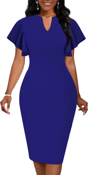 Mokayee Womens Summer Short Sleeve V Neck Semi Formal Business Casual Wedding Guest Professional Work Dresses with Pockets