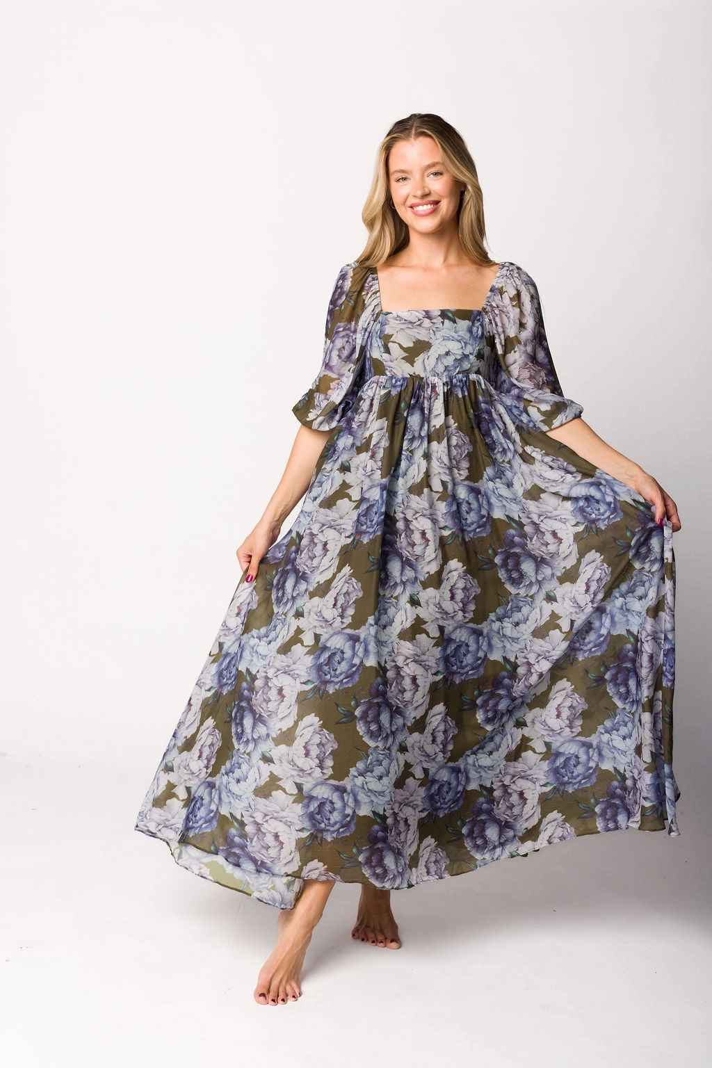 Mona Maxi Dress in Olive/Blue Floral - Bump Friendly *9/30 PRE-ORDER*
