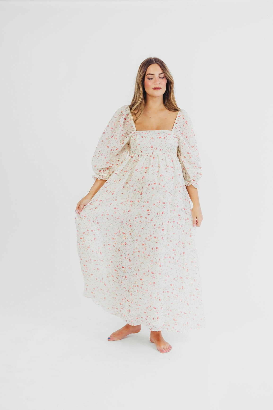 Mona Maxi Dress with Smocking in Ivory Floral - Bump Friendly & Inclusive Sizing (S-2XL)