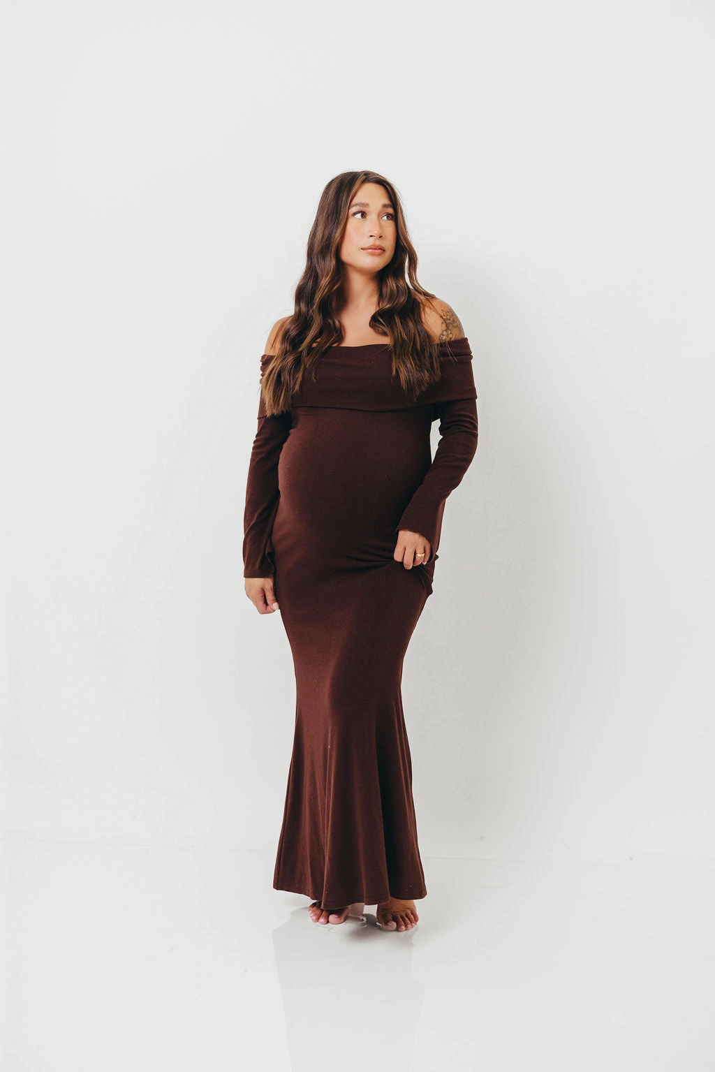 Monroe Maxi Dress with Long Sleeves in Chocolate Brown- Bump Friendly