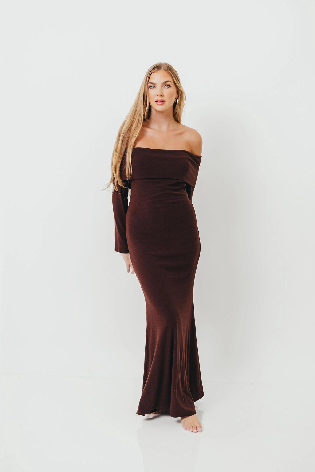 Monroe Maxi Dress with Long Sleeves in Chocolate Brown- Bump Friendly