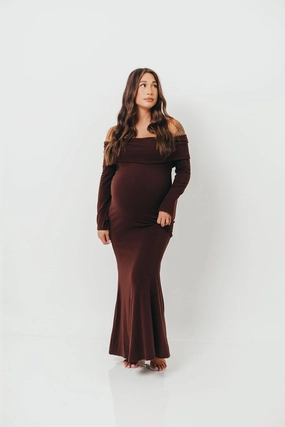 Monroe Maxi Dress with Long Sleeves in Chocolate Brown- Bump Friendly Monroe Maxi Dress with Long Sleeves in Chocolate Brown- Bump Friendly