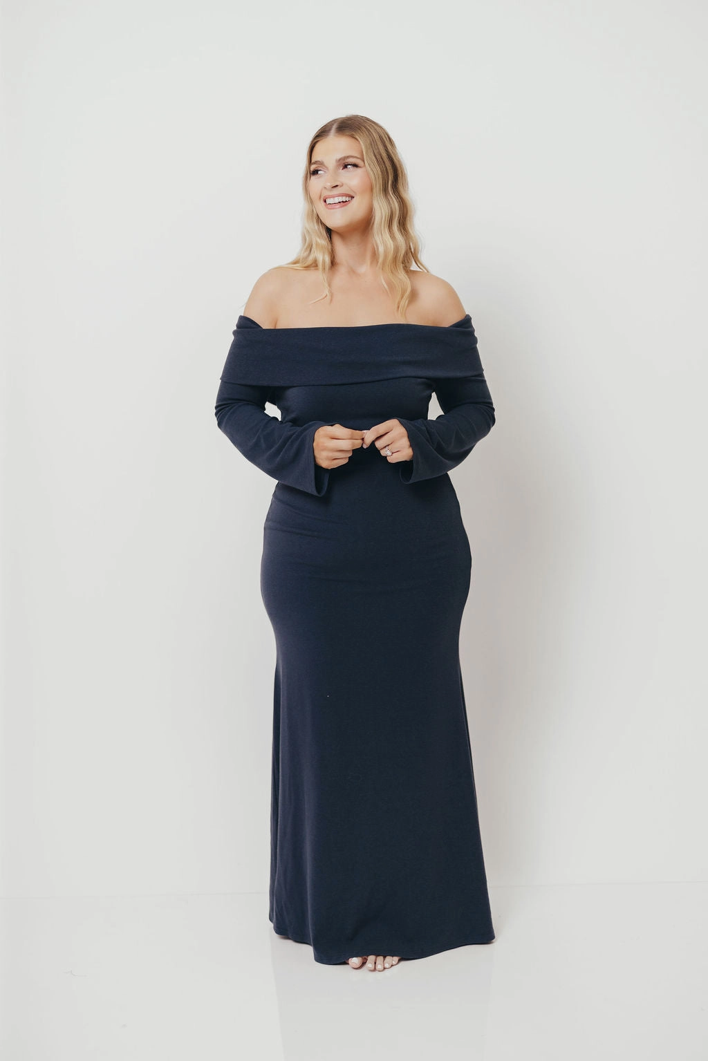 Monroe Maxi Dress with Long Sleeves in Dusty Navy- Bump Friendly
