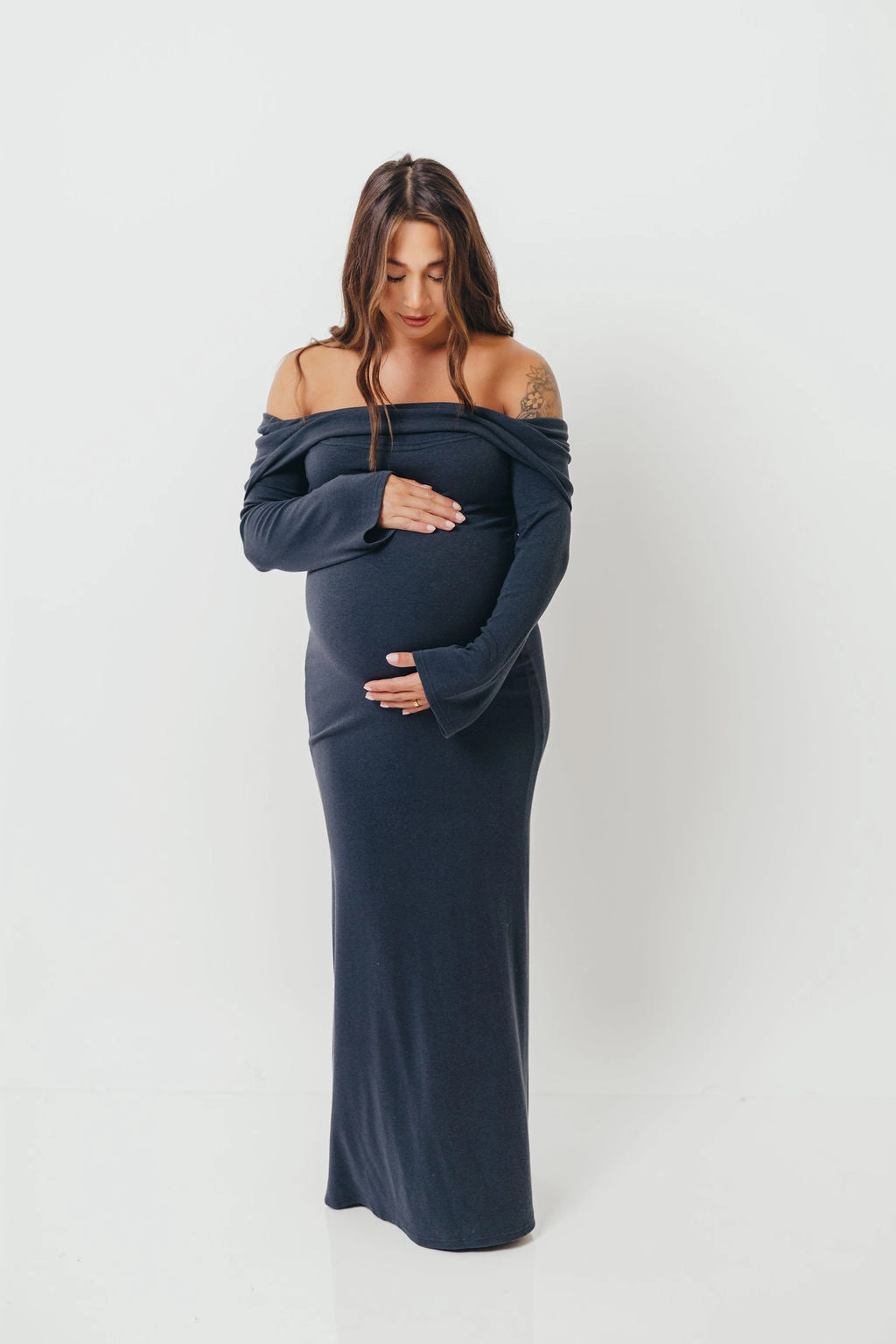Monroe Maxi Dress with Long Sleeves in Dusty Navy- Bump Friendly