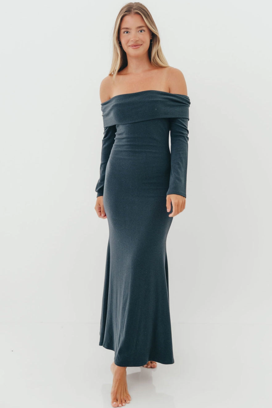 Monroe Maxi Dress with Long Sleeves in Dusty Navy- Bump Friendly