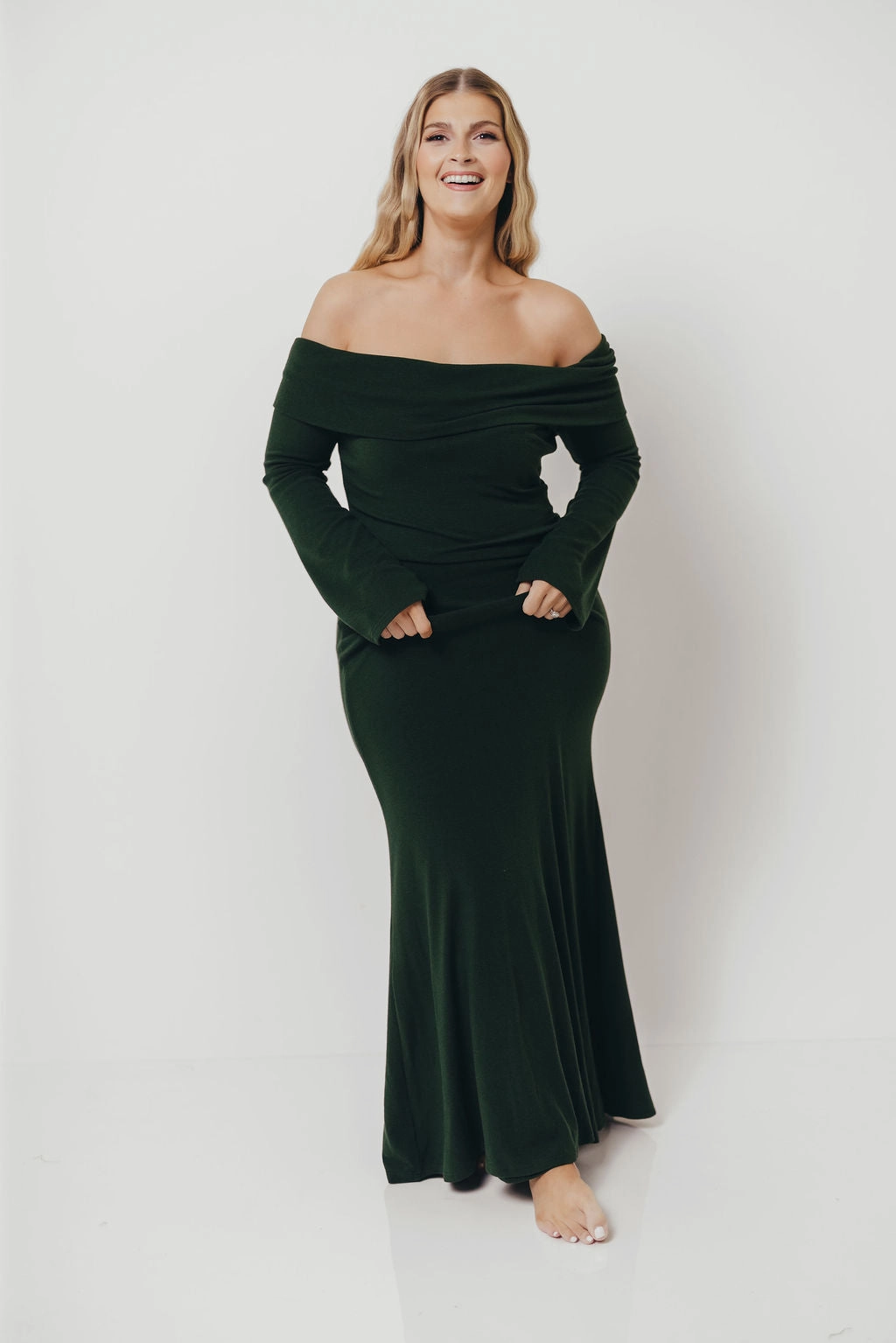 Monroe Maxi Dress with Long Sleeves in Hunter Green- Bump Friendly